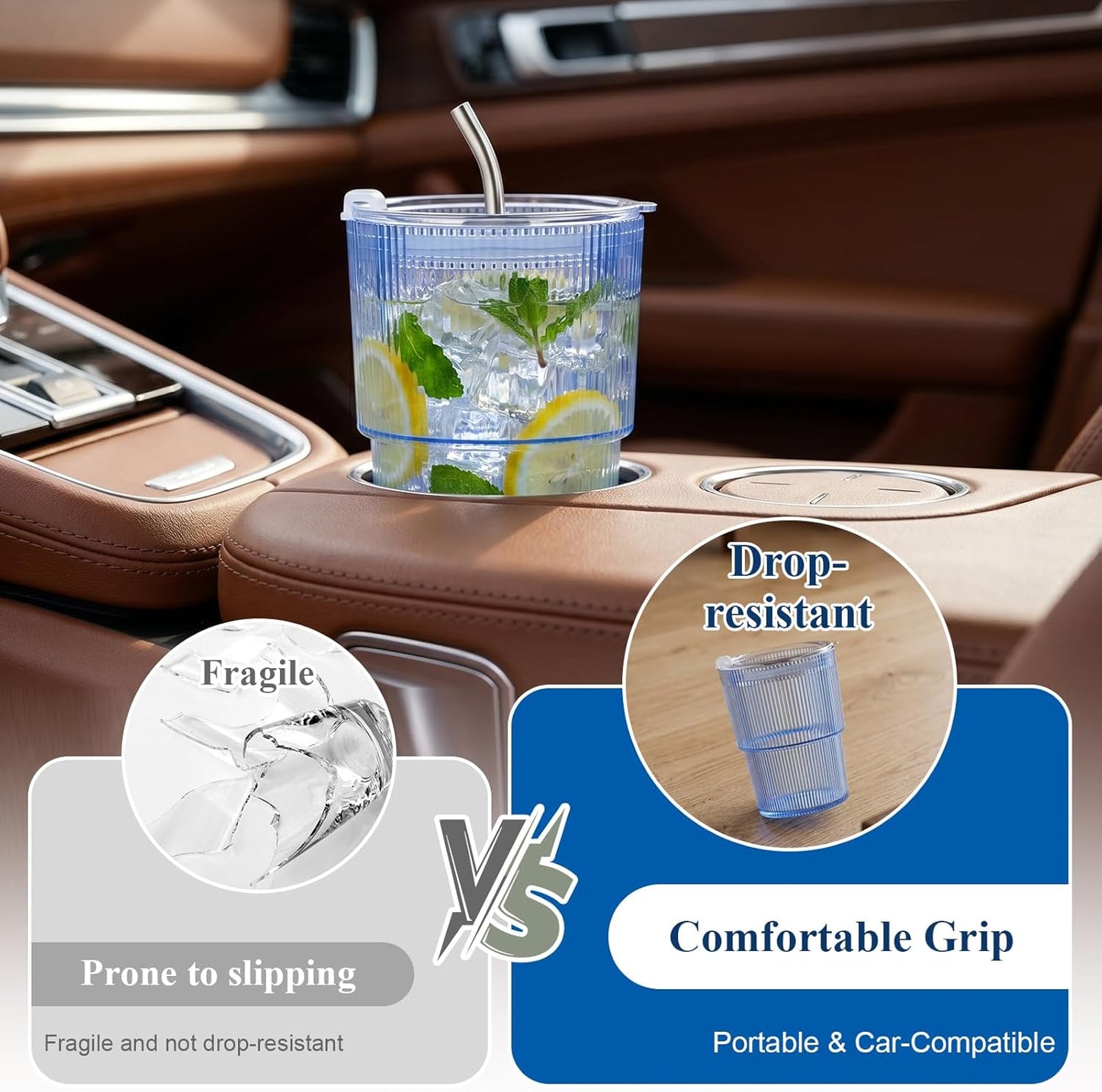 4 Pcs 20oz Plastic Ribbed Tumblers with Lid and Straws Blue Plastic Reusable Iced Coffee Cups with Lid Unbreakable Vintage Ribbed Drinking Glasses Tumbler for Juice Smoothie Beverage with Clean Brush