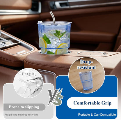 4 Pcs 20oz Plastic Ribbed Tumblers with Lid and Straws Blue Plastic Reusable Iced Coffee Cups with Lid Unbreakable Vintage Ribbed Drinking Glasses Tumbler for Juice Smoothie Beverage with Clean Brush