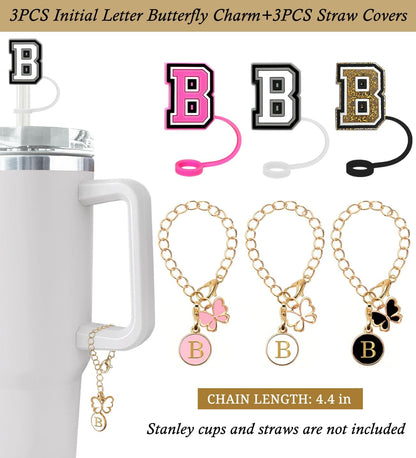 （3 +3) 3PCS Nuozme Straw Cover 10mm For Stanley Tumbler Cup Reusable Straw Cap Topper with 3 Initial Letter Charms Accessories Name ID Personalized Handle Charm For Stanley 30&40 Oz Cup Tumbler - Colors B