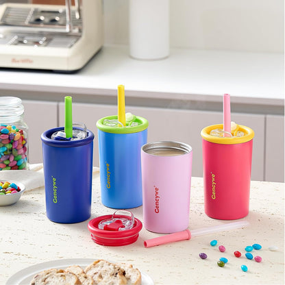 Gencywe 2 PACK Kids Double Walled Stainless Steel Cups with Straws and lids | 12 oz Spill-Proof Sippy Smoothie Tumbler Set, Small Kids Snack & Drink Water Cups, BPA-Free (Age: 3+ years old & up)