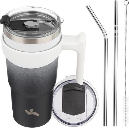 Konokyo 20 oz Tumbler with Handle and 2 Straw 2 Lid, Insulated Water Bottle Stainless Steel Vacuum Cup Reusable Travel Mug,Black
