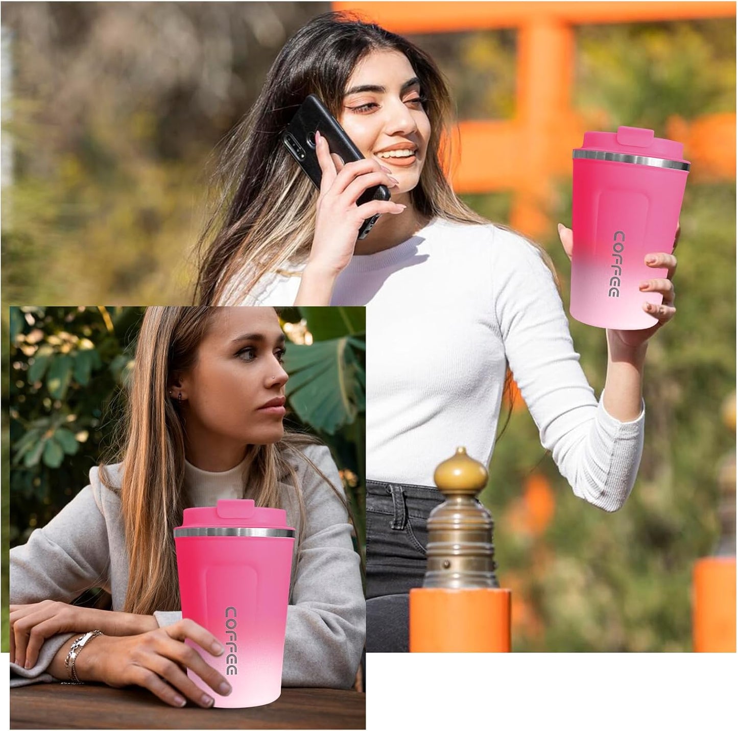 SPLMIFA Travel Coffee Mug Leak-Proof, Reusable Coffee Cups with Lids, Stainless Steel Vacuum Insulated Coffee Tumblers, Thermal Insulation Cup for Men and Women Hot & Cold Drinks(2nd-Green Pink, 12OZ)