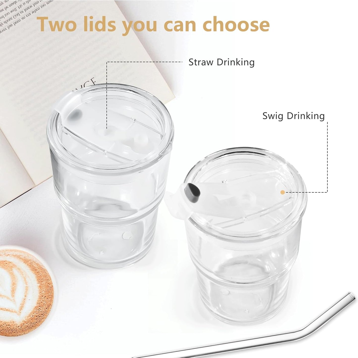 15 oz Matcha Cup Set of 2, Iced Coffee Tumbler Water Glass with Straw and Lid, Clear Thick Wall Matcha Iced Coffee Glass To Go for Smoothie Tea Soda Juice