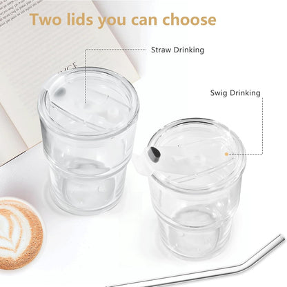 15 oz Matcha Cup Set of 2, Iced Coffee Tumbler Water Glass with Straw and Lid, Clear Thick Wall Matcha Iced Coffee Glass To Go for Smoothie Tea Soda Juice