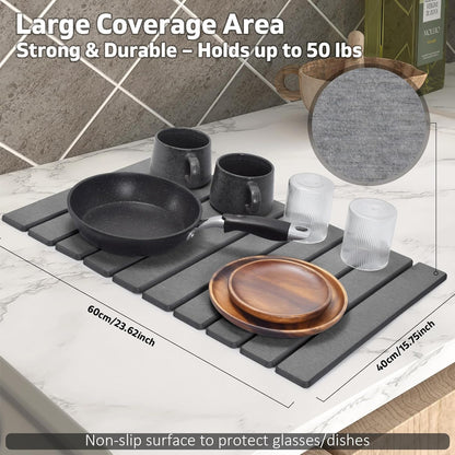 Large Stone Dish Drying Mat for Kitchen Counter – 24"(L)×16 "(W) Foldable Super Absorbent Diatomaceous Earth Dish Drying Mat, Kitchen Counter Mats for Plate Rack, Cups, Match Any Countertop - Gray