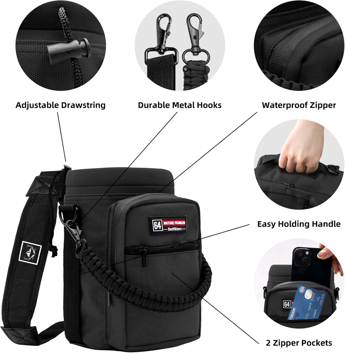 NATURE PIONEOR Water Bottle Holder with Adjustable Strap - Half/One Gallon (64/128oz) Insulated Water Bottle Sling Carrier with Phone Pocket & Paracord Handle, Outdoor Camping, Hiking, Gym