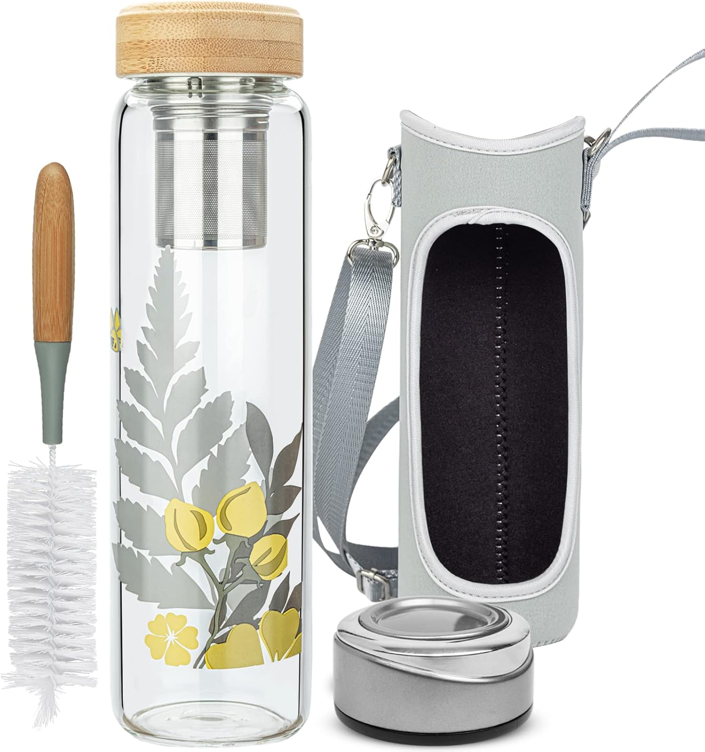 32oz Borosilicate Glass Water Bottle with Tea Infuser, Tea Tumbler with Strainer, Reusable Travel Mug with Sleeve & 2 Lids, Glass Drinking Bottle for Hot or Cold Drinks