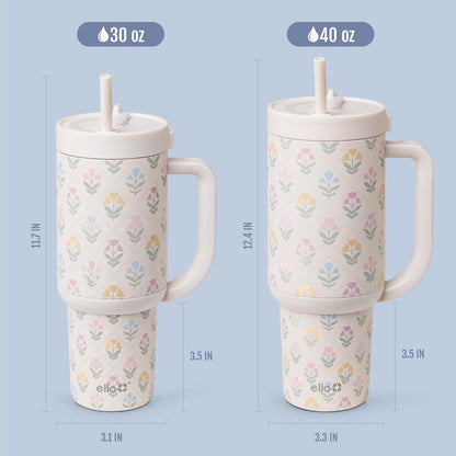 Ello Oasis 40 oz Tumbler with Handle & Retracting Straw | Reusable Insulated Stainless Steel Cup 100% Leakproof, Gifts for Teens Women Men | Keeps cold for 24 Hours, Cup Holder Friendly, Daisies