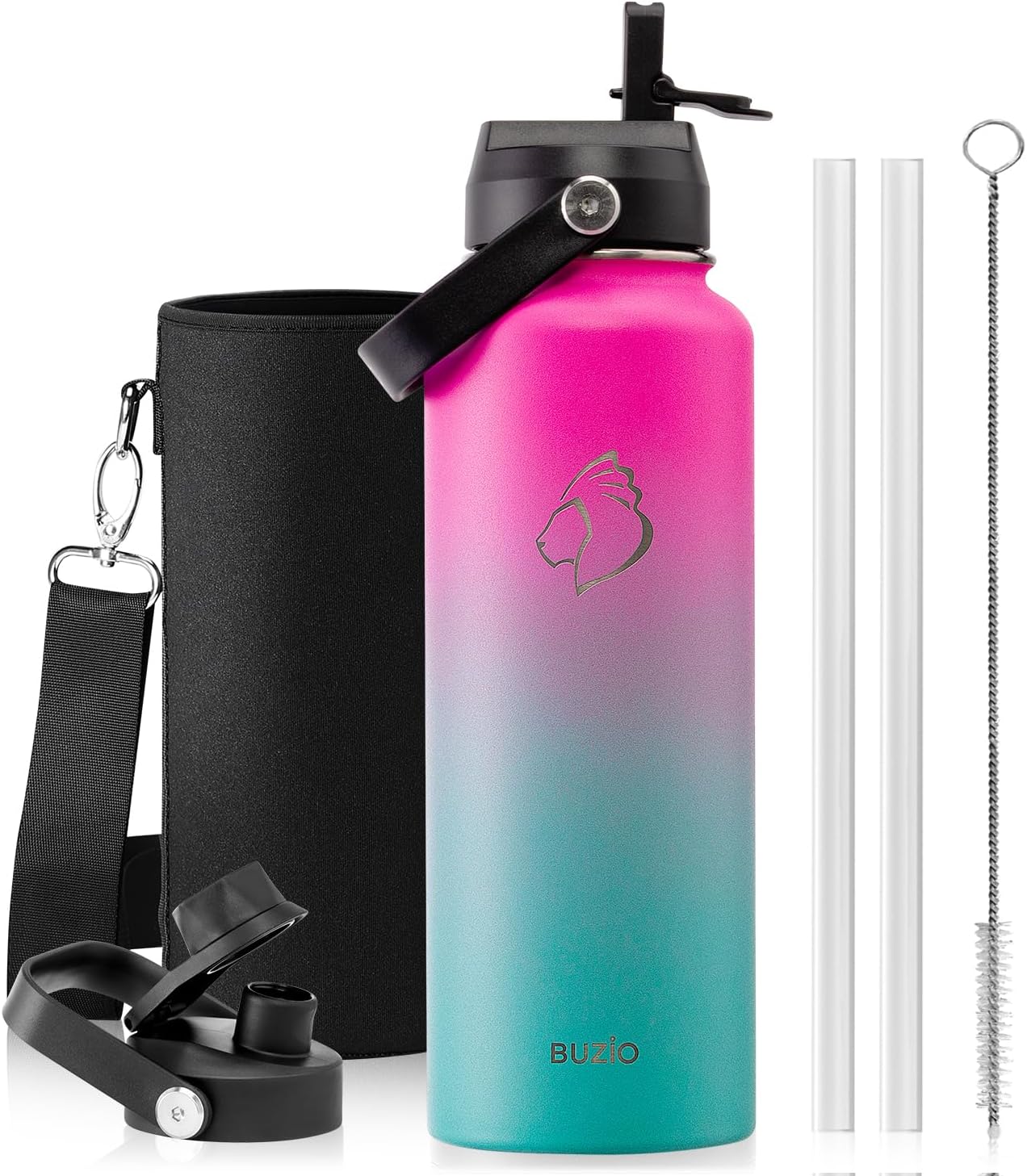 BUZIO 40oz Insulated Water Bottle, Triple Wall Vacuum Stainless Steel Water Flask with 2 lids, Lead-Free BPA-Free Straw Lid Sports Canteen Jug, Cold 48H & Hot 24H- Black - Colors B