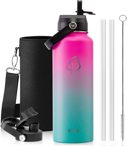 BUZIO 40oz Insulated Water Bottle, Triple Wall Vacuum Stainless Steel Water Flask with 2 lids, Lead-Free BPA-Free Straw Lid Sports Canteen Jug, Cold 48H & Hot 24H- Black - Colors B