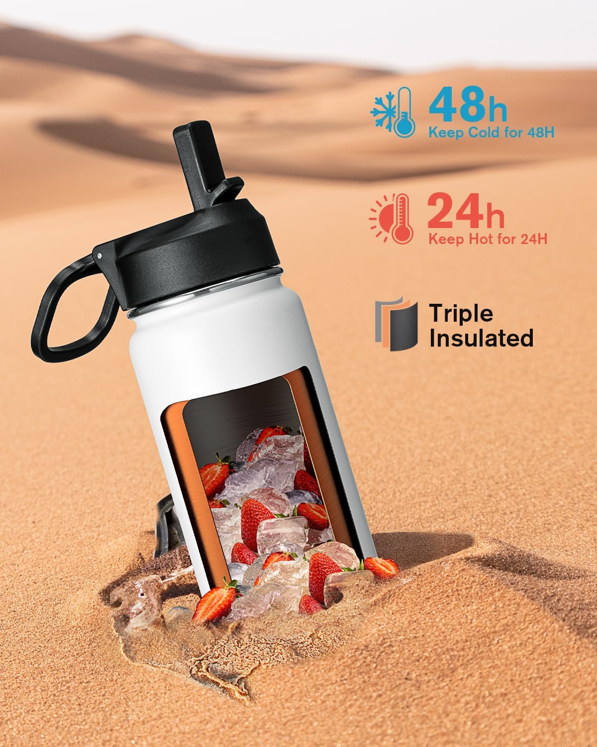 Half Gallon Water Bottle Insulated with Straw & 3 Lids, Coolflask 64 oz Water Jug Large Metal Stainless Steel Wide Mouth for Sports, Gym or Office, Non-BPA Keep Cold 48H Hot 24H, Samurai Cyan