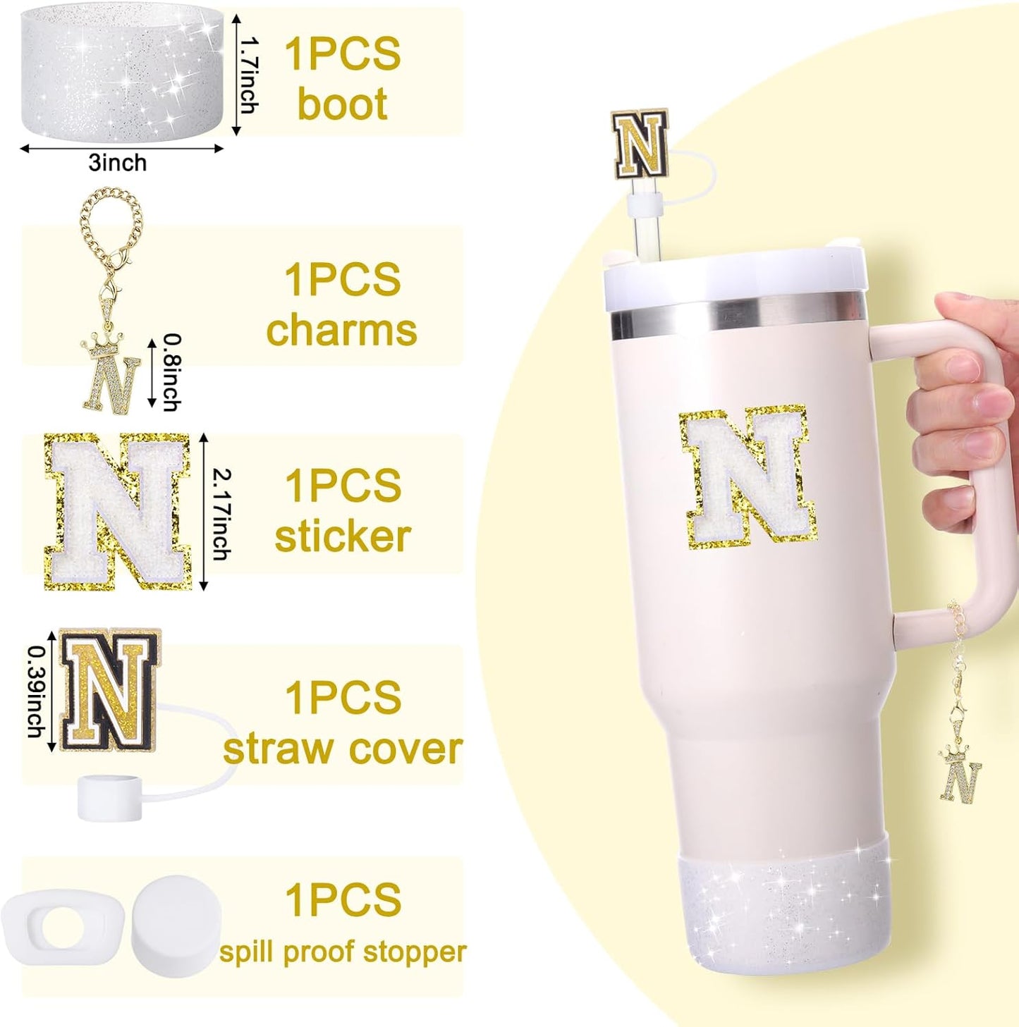 Mity Rain 6pc Cup Accessories Set for Stanley 30 oz & 40 oz Tumbler with Handle, Including Straw Cover Cap, Cup Initials Charm, Silicone Boot, Round & Square Spill Proof Stopper