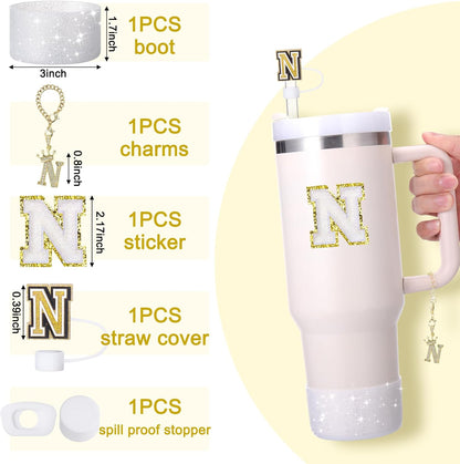 Mity Rain 6pc Cup Accessories Set for Stanley 30 oz & 40 oz Tumbler with Handle, Including Straw Cover Cap, Cup Initials Charm, Silicone Boot, Round & Square Spill Proof Stopper