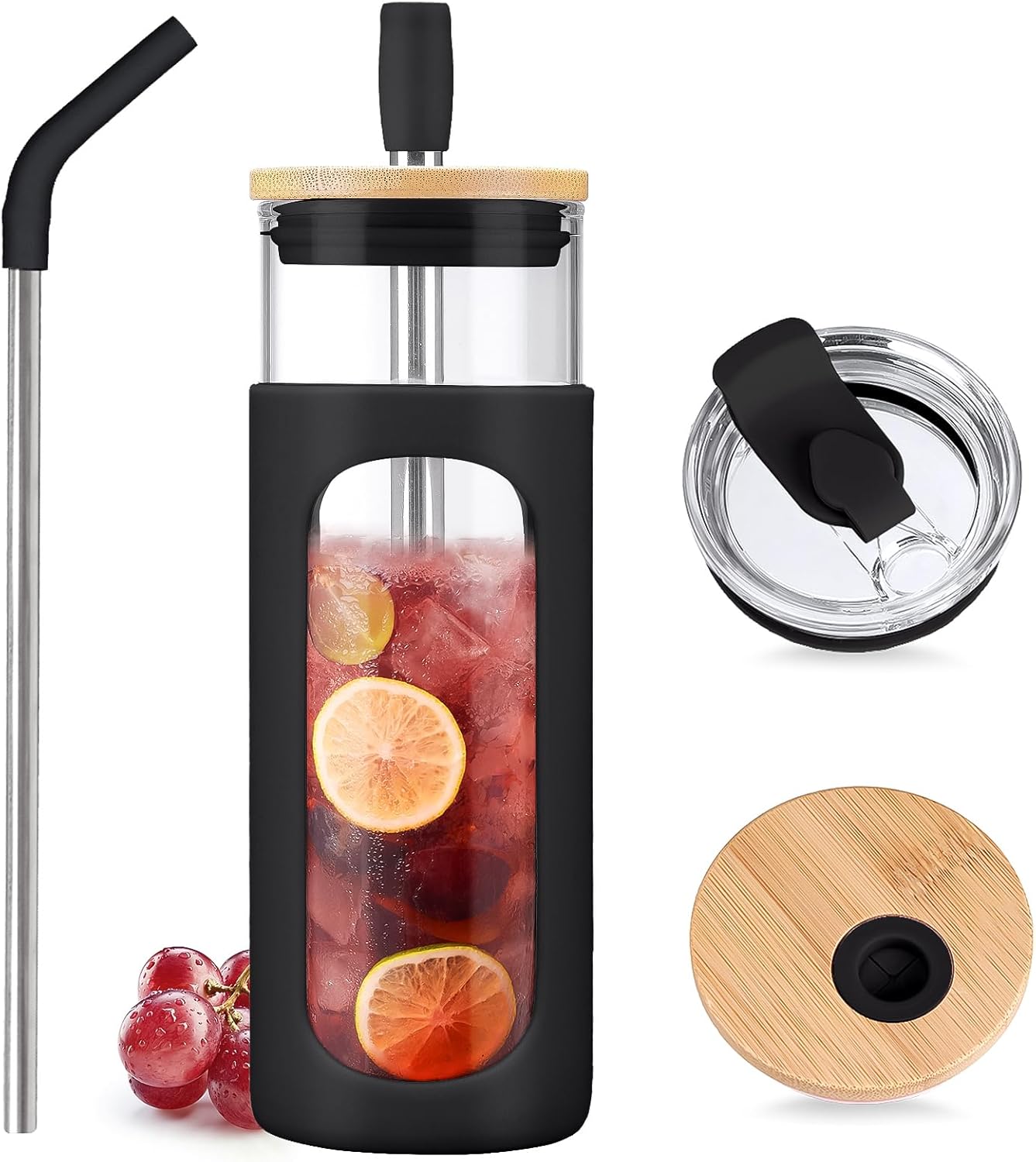 Kodrine 20oz Glass Water Tumbler with Straw and Lid, Bamboo Lids Water Bottle, Iced Coffee Cup Reusable, Wide Mouth Smoothie Cups with Protective Silicone Sleeve BPA FREE-Black - Colors B