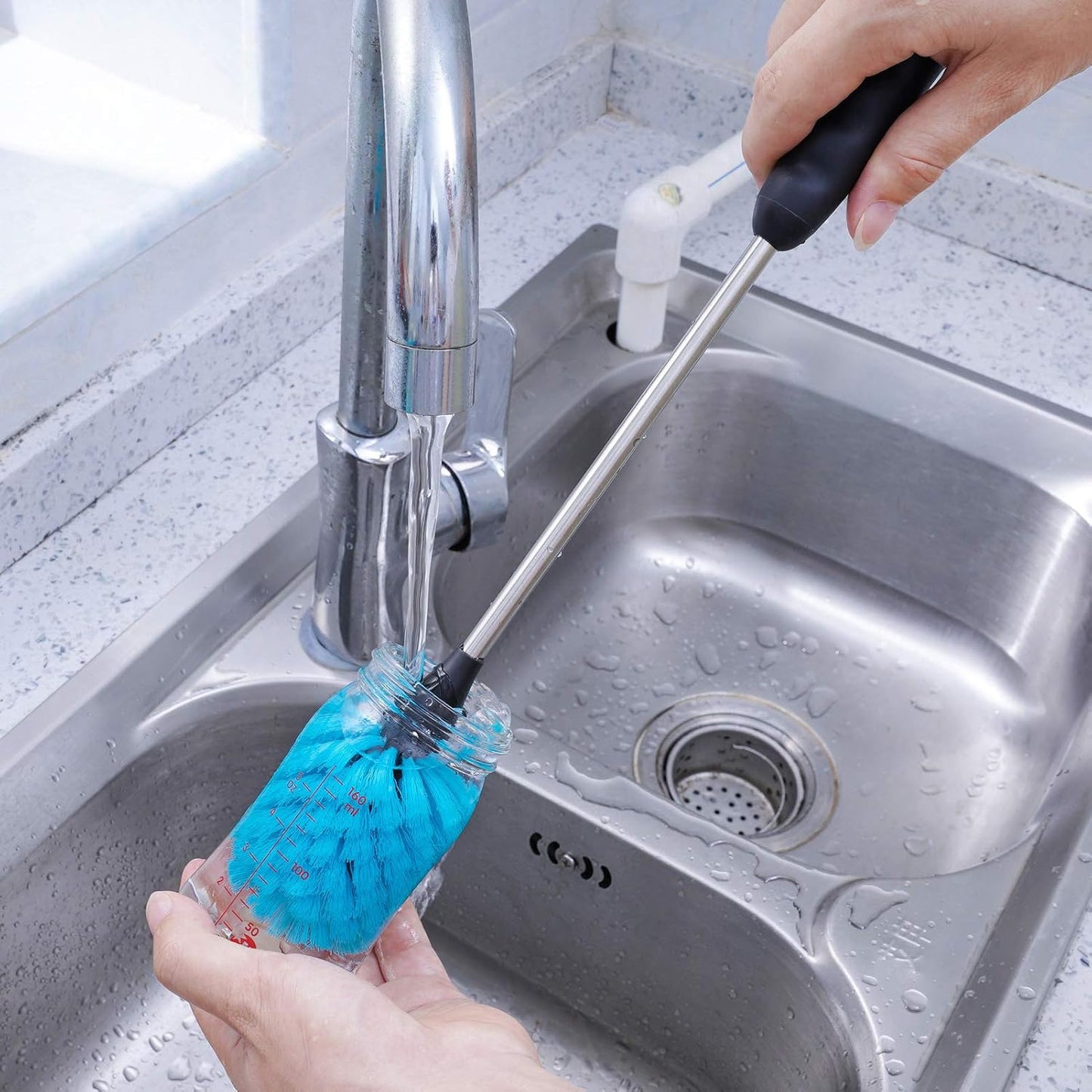 MOSOLAN Stainless Steel Water Bottle Brush, Long Handle Scrubbing Brush, Built for Cleaning Sport Bottles, Baby Bottles, Cups, Coffee Mugs, Glasswares, Wine Decanters, Flask, 2 Pack, 15 in