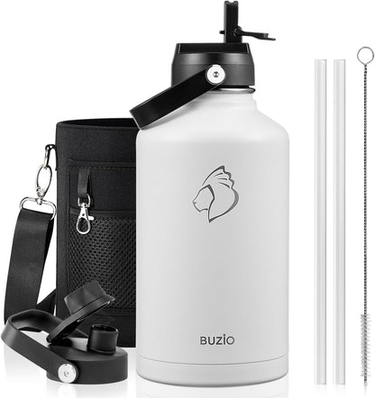 BUZIO 40oz Insulated Water Bottle, Triple Wall Vacuum Stainless Steel Water Flask with 2 lids, Lead-Free BPA-Free Straw Lid Sports Canteen Jug, Cold 48H & Hot 24H- Black - Colors A