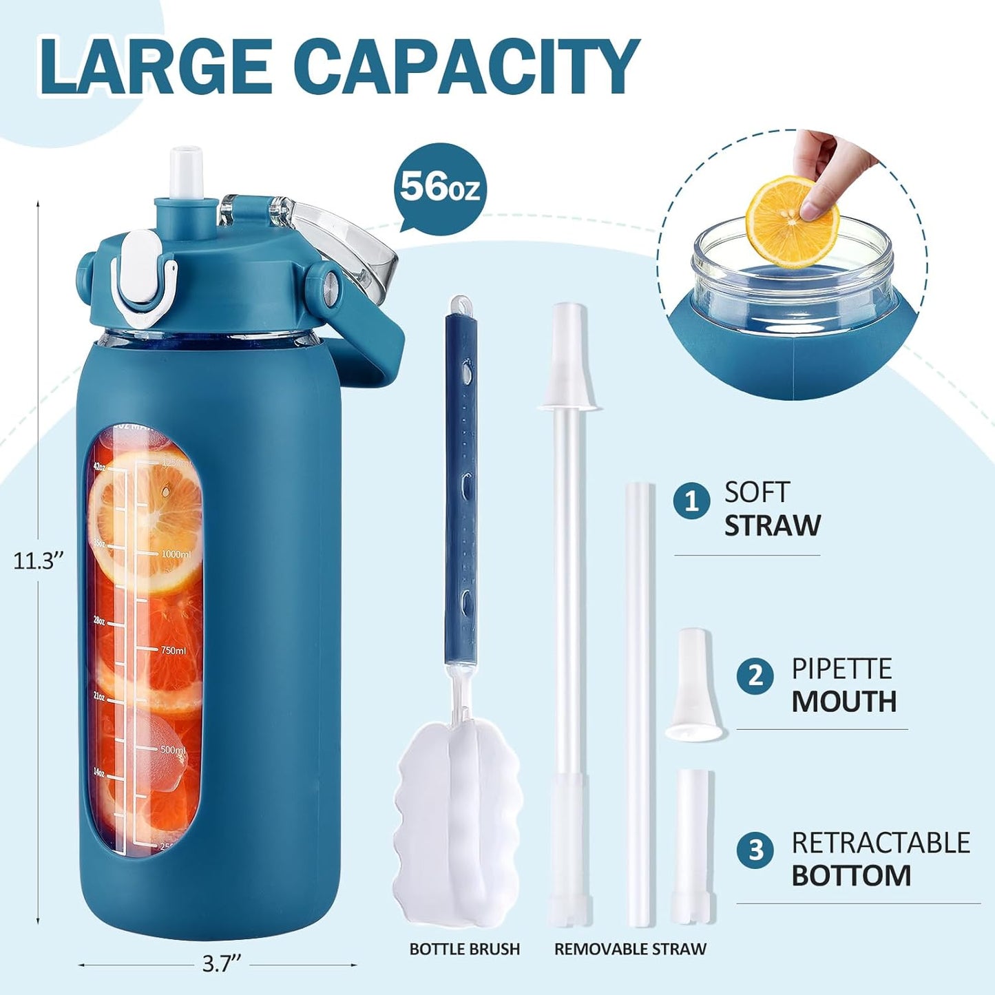 64oz Glass Water Bottles with Straw, Half Gallon Motivational Glass Bottle with Silicone Sleeve and Time Marker, 2L Leakproof Large Glass Water Jug for Gym Home Office,olive