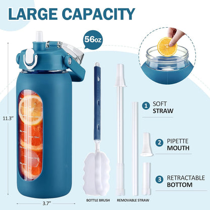 64oz Glass Water Bottles with Straw, Half Gallon Motivational Glass Bottle with Silicone Sleeve and Time Marker, 2L Leakproof Large Glass Water Jug for Gym Home Office,olive