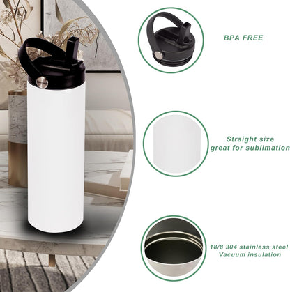 20oz sublimation sport tumblers blanks with two lids ，flat edge sublimation tumblers，double wall stainless steel insulted cup，for Heat Transfer, White (8, with flex handle lid)