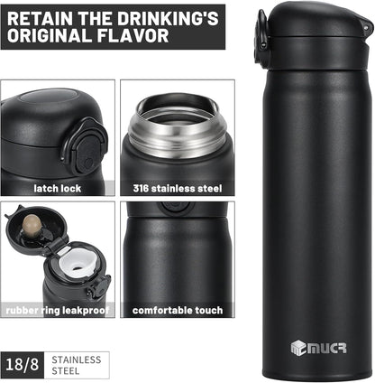 17 oz / 500 ml Insulated Water Bottle, Stainless Steel Thermo Coffee Travel Mug, Thermal Cup with Snap Flip Lid, BPA Free for Hot and Cold Drinking, Black