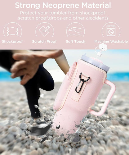 dabria Water Bottle Carrier Bag with Phone Pocket for Stanley 40/30 oz Tumbler Neoprene Water Bottle Holder Pouch with Adjustable Strap Bollus with Straw Cover for Stanley Cup Accessories