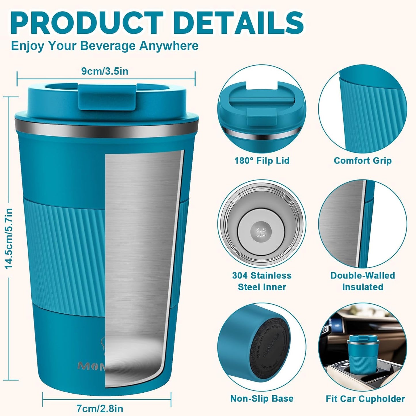 MOMSIV 12oz Travel Mug, Insulated Coffee Cup with Leakproof Lid, Travel Coffee Mug Vacuum Stainless Steel Double Walled Reusable Coffee Cup for Hot and Cold Water Coffee