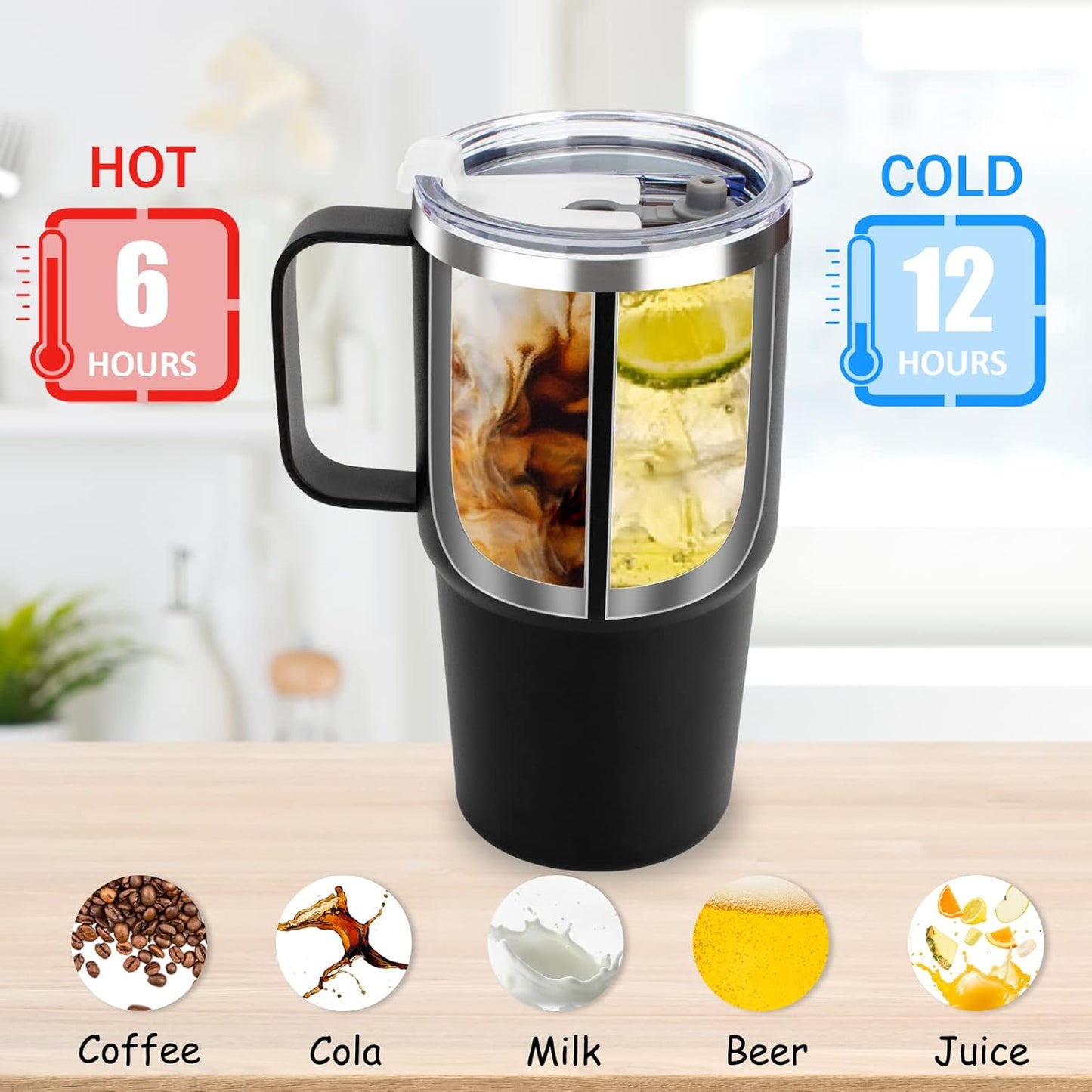 Sursip Insulated Coffee Mug with Handle and Lid, 24 oz Double Wall Vacuum Travel Thermal Coffee Tumbler with Straw for Home, Office Stainless Steel Coffee Cup - Leak proof, BPA Free (Black-1 Pack)