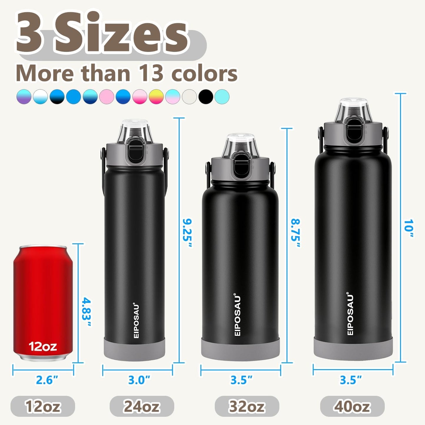 Insulated Water Bottle with Lid & Boot & Stickers, 24 oz Stainless Steel Sweat Free Bottle Keep Cold 24H, BPA-Free Sports Wide Mouth Water Bottle, BlueBlack