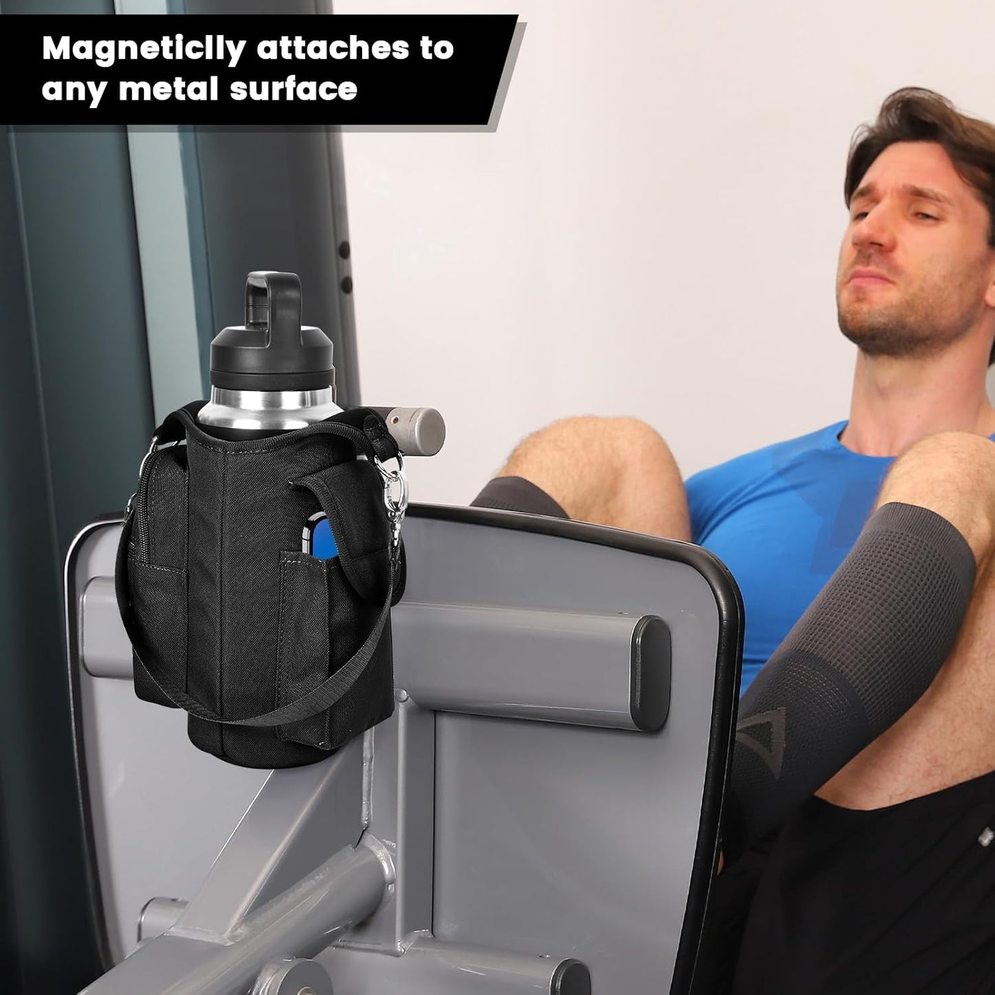 icolor Magnetic Gym Bag Water Bottle Carrier Holder with Phone Pockets & Shoulder Strap,Gym Magnetic Bag 5 Built-in Magnets Gym Accessories Organizer Sling Bottle Bag Pouch Sleeve