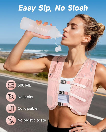 MOKURA Running Vest for Women Men, Lightweight Hydration Vest with 500ML Soft Flask & Phone Holder, Reflective Running Backpack, Adjustable Run Pack Water Bottle, Runner Marathon Essentials