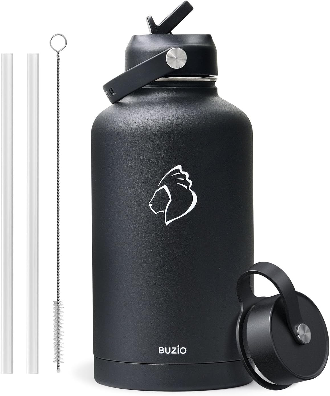 BUZIO 40oz Insulated Water Bottle, Triple Wall Vacuum Stainless Steel Water Flask with 2 lids, Lead-Free BPA-Free Straw Lid Sports Canteen Jug, Cold 48H & Hot 24H- Black - Colors A