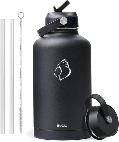 BUZIO 40oz Insulated Water Bottle, Triple Wall Vacuum Stainless Steel Water Flask with 2 lids, Lead-Free BPA-Free Straw Lid Sports Canteen Jug, Cold 48H & Hot 24H- Black - Colors A