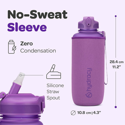 Hydracy Water Bottle with Time Marker -Large BPA Free Water Bottle & No Sweat Sleeve -Leak Proof Gym Bottle with Times to Drink - Ideal for Fitness Sports & Outdoors