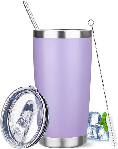 20 oz Tumbler with Lids and Straws, Stainless Steel Insulated Travel Coffee Mug, Double Wall Vacuum Insulated Tumblers, Powder Coated Coffee Tumbler for Cold & Hot Drinks (Light Purple)