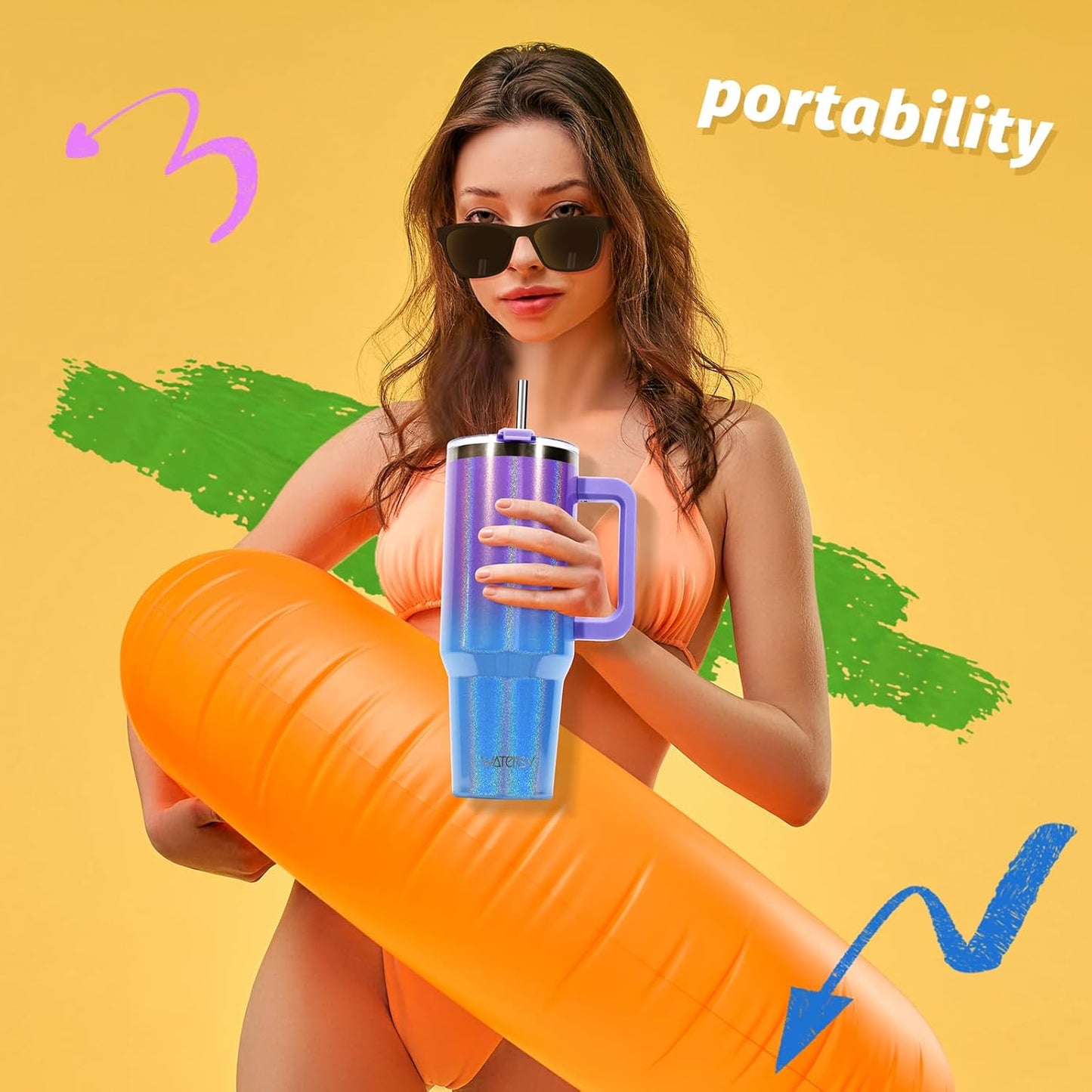 40 oz Tumbler with Handle,Tumbler with Lid and Straw,Double Wall Insulated Cup Stainless Steel Travel Mug(Cold for 34 Hours),Water Bottle for Iced Tea,Coffee,Cold Beverages(Purple)