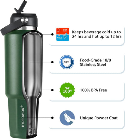 HYDROWION 32oz Stainless Steel Water Bottle(Cold for 48 Hrs, Hot for 24 Hrs),Double Wall Vacuum Insulated Water Bottle with Straw Lid, Spout Lid and Flex Cap, Fit in Any Car Cup Holder,Black
