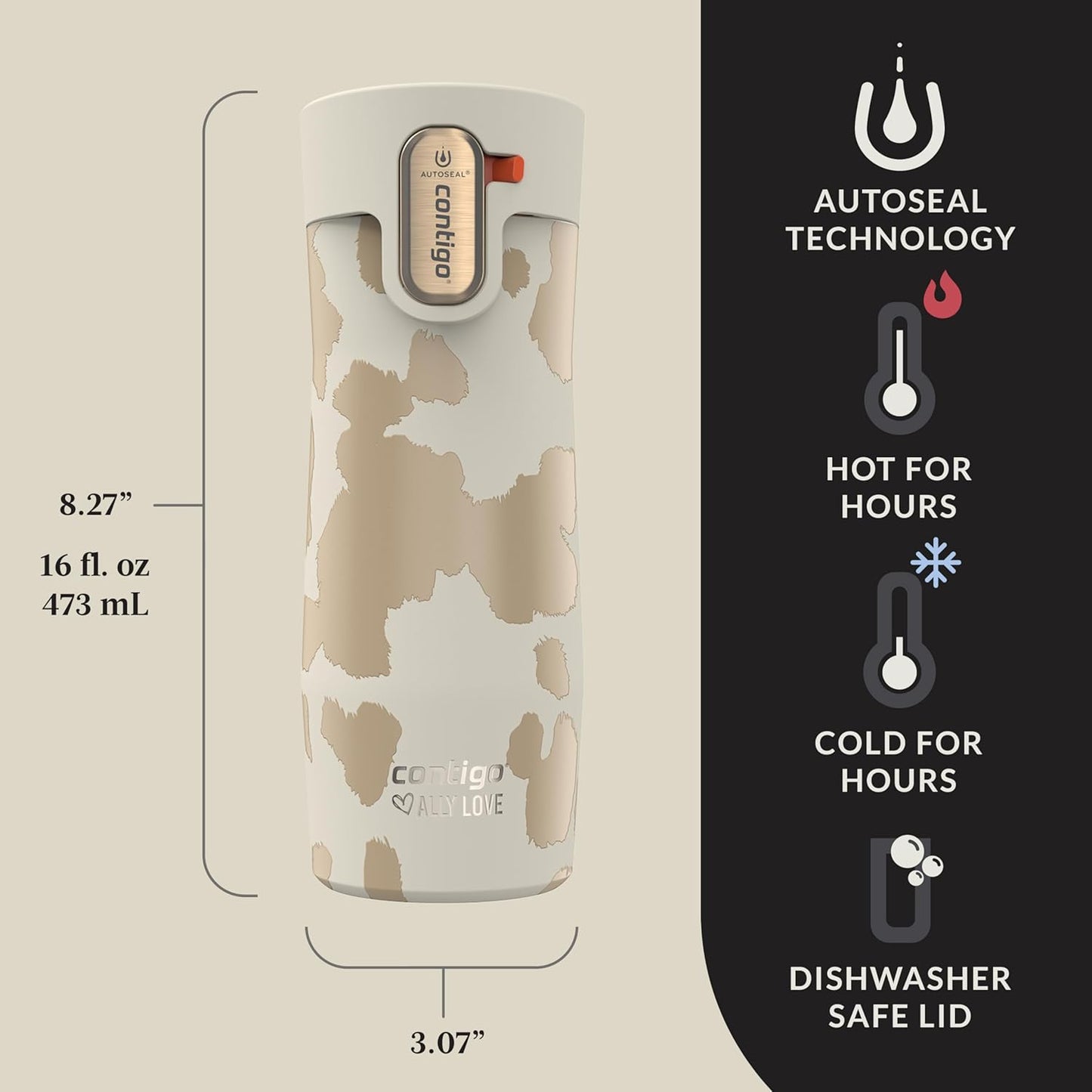 Contigo x Ally Love Stainless Steel Vacuum-Insulated Travel Mug with Autoseal and Easy Clean Lid, Spill-proof, Keeps Drinks cold 24 hrs & hot for 11 hrs, BPA Free, 16oz., West Loop 3.0, Licorice
