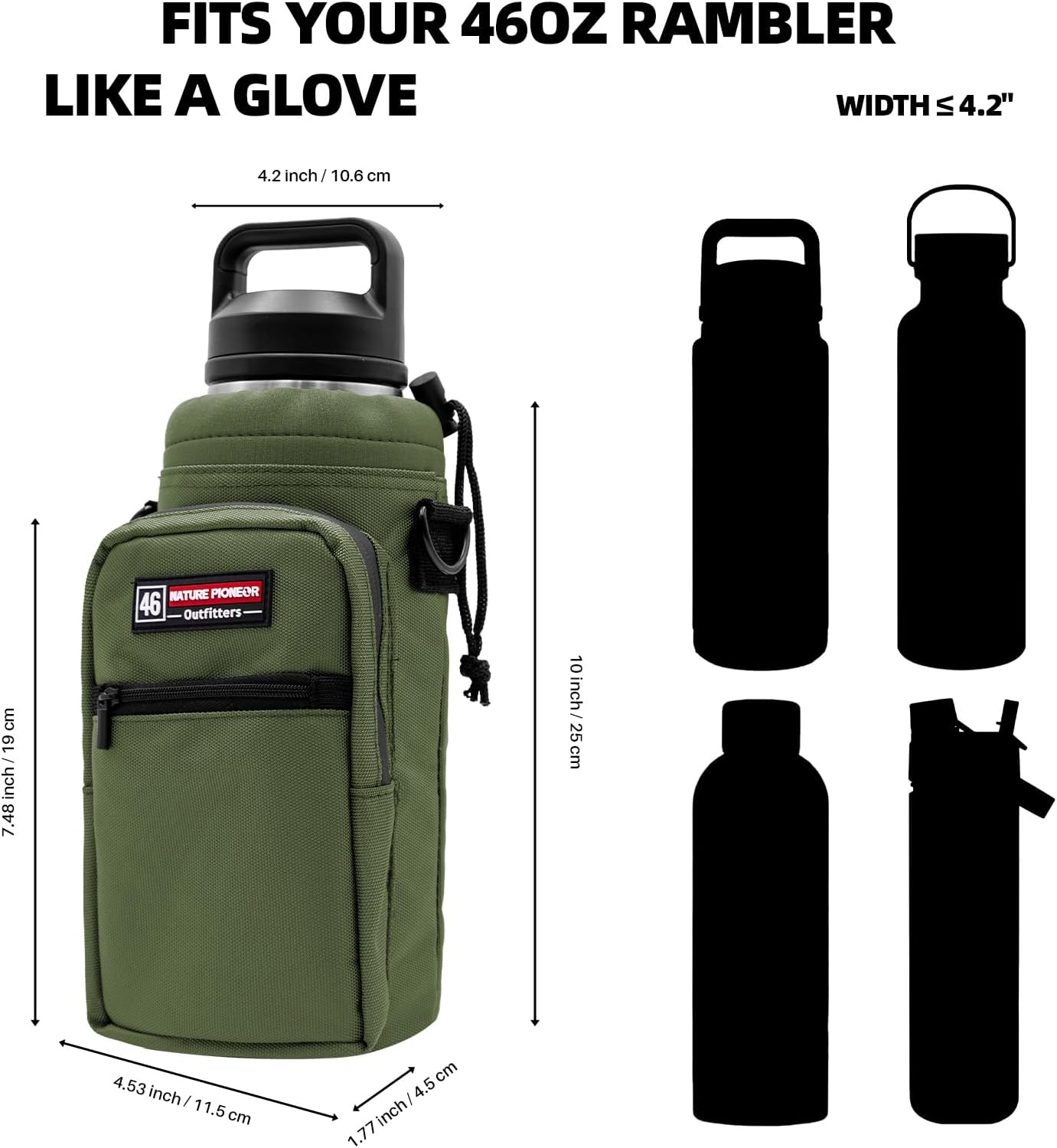 NATURE PIONEOR Water Bottle Holder with Adjustable Strap - 26/32/36/40/46/64oz Insulated Water Bottle Sling Carrier with Paracord Handle & 2 Pockets, Outdoor Sports, Hiking, Camping, Gym