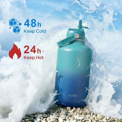 BUZIO 40oz Insulated Water Bottle, Triple Wall Vacuum Stainless Steel Water Flask with 2 lids, Lead-Free BPA-Free Straw Lid Sports Canteen Jug, Cold 48H & Hot 24H- Black - Colors B