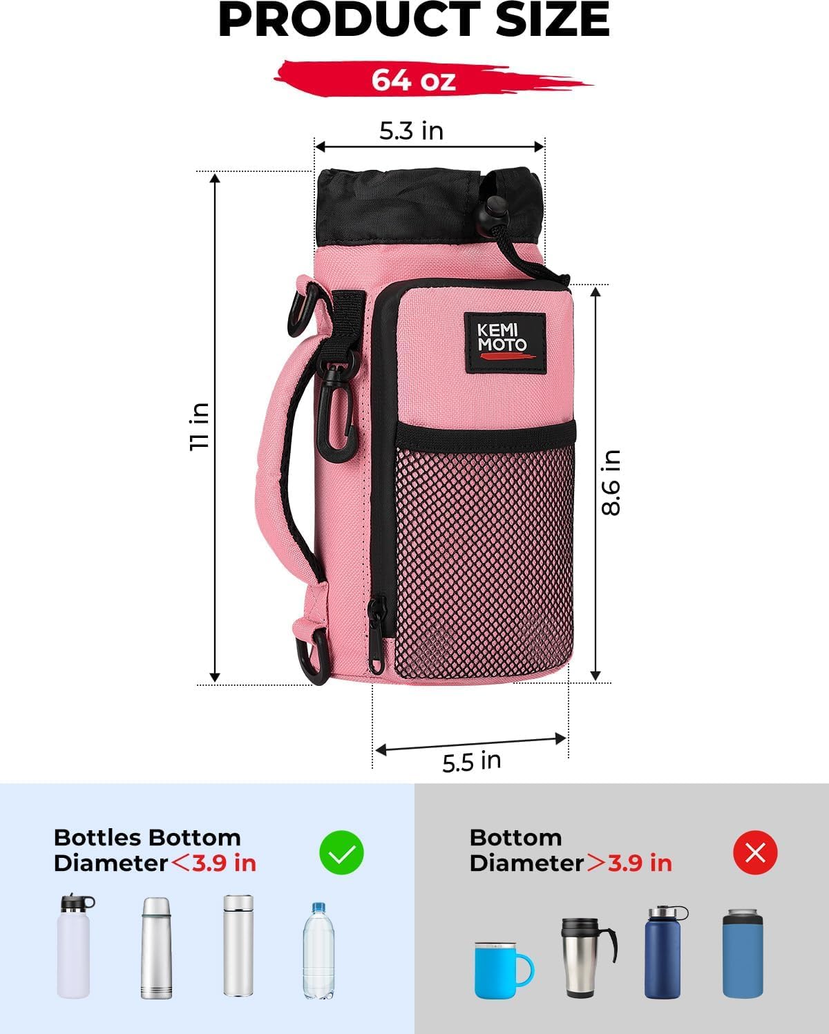 KEMIMOTO Water Bottle Holder Bag, Water Bottle Carrier with Adjustable Shoulder Strap, Water Bottle Pouch Holder for Hiking, Camping, Fishing, Compatible with YETI STANLEY SLM 32 oz, 40 oz, 64 oz