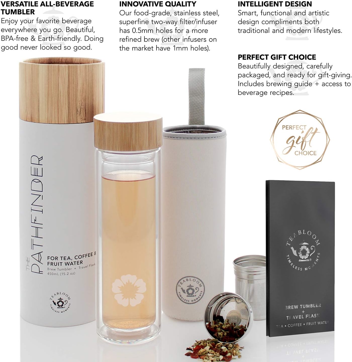 Teabloom All-Beverage Tumbler – 15 oz / 450 ml – Tempered Glass Travel Bottle – Hot and Cold Tea Infuser – Cold-Brew Coffee – Fruit-Infused Water – Tea Tumbler – The Pathfinder