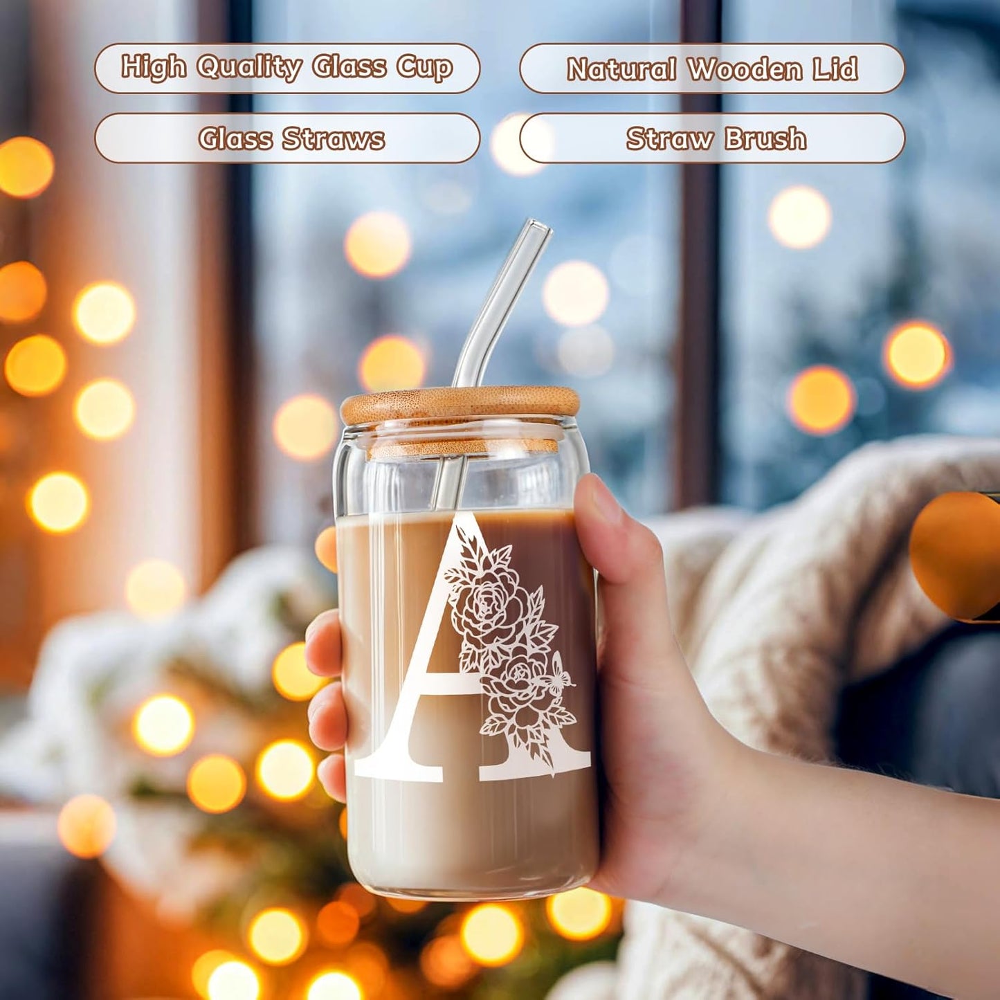 Glass Cups with Lids and Straws: Personalized Initial Glass Cup Be Used As Reusable Iced Coffee Cups with Lids,Cute Matcha Tumbler - The Christmas/Birthday Gifts for Women - M Smoothie Cup