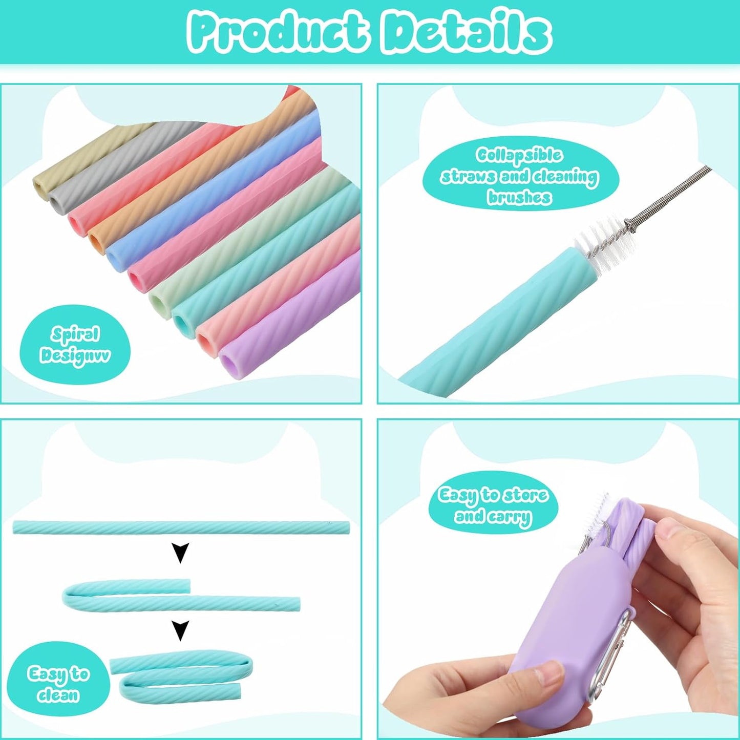 Irenare 20 Sets Silicone Straws with Case Reusable Collapsible Foldable Travel Portable Straw Cold or Hot Drinking with Carry Case, Long Cleaning Brush and Keychain, 10 Colors(Cute)