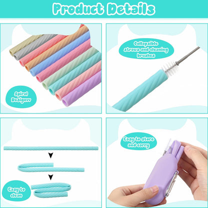 Irenare 20 Sets Silicone Straws with Case Reusable Collapsible Foldable Travel Portable Straw Cold or Hot Drinking with Carry Case, Long Cleaning Brush and Keychain, 10 Colors(Cute)