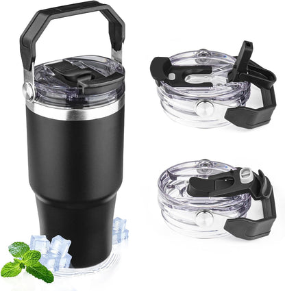 30oz Tumbler with Handle and Flip Straw Lid Double Wall Insulated Travel Coffee Mug Stainless Steel Vacuum Insulated Coffee Tumbler Cup for Hot and Cold Beverages,Leak-proof&BPA-free (30oz,Black)
