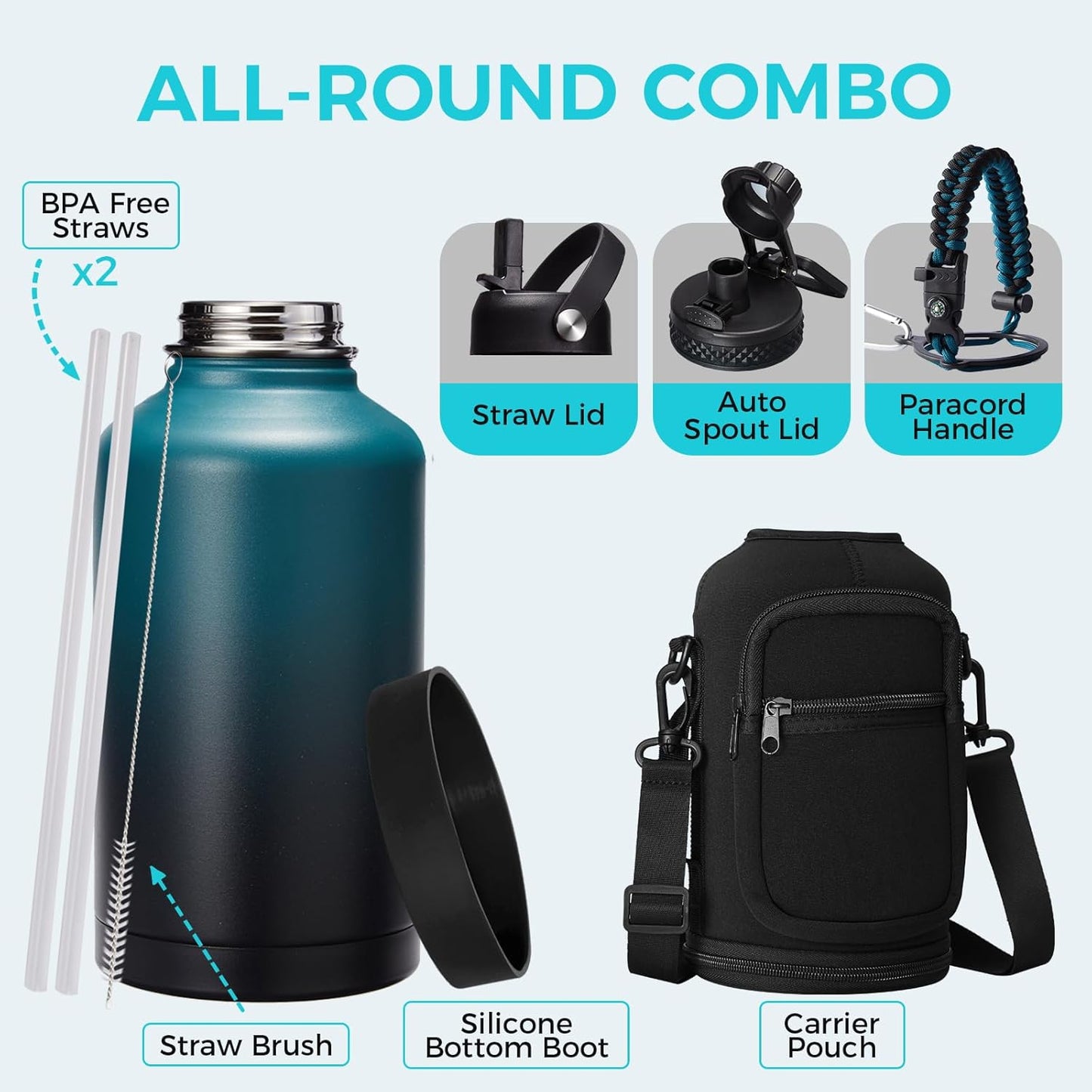 32/40/64OZ Insulated Water Bottle - Keep Cold 48H Hot 24H, Combo Straw/Spout Lids, Paracord Handle for Gym/Hiking, Carrier Bag +Strap, Cup Mat, BPA-Free Stainless Steel Flask Jug