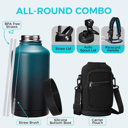 32/40/64OZ Insulated Water Bottle - Keep Cold 48H Hot 24H, Combo Straw/Spout Lids, Paracord Handle for Gym/Hiking, Carrier Bag +Strap, Cup Mat, BPA-Free Stainless Steel Flask Jug