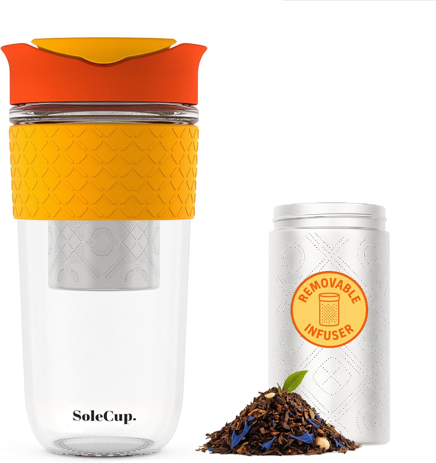 Travel Mug Loose Tea Infuser - Detachable Tea Strainer with Spillproof Lid - BPA-Free Reusable Glass Travel Coffee Cup with Silicone Band (Ice Cream, 12oz)