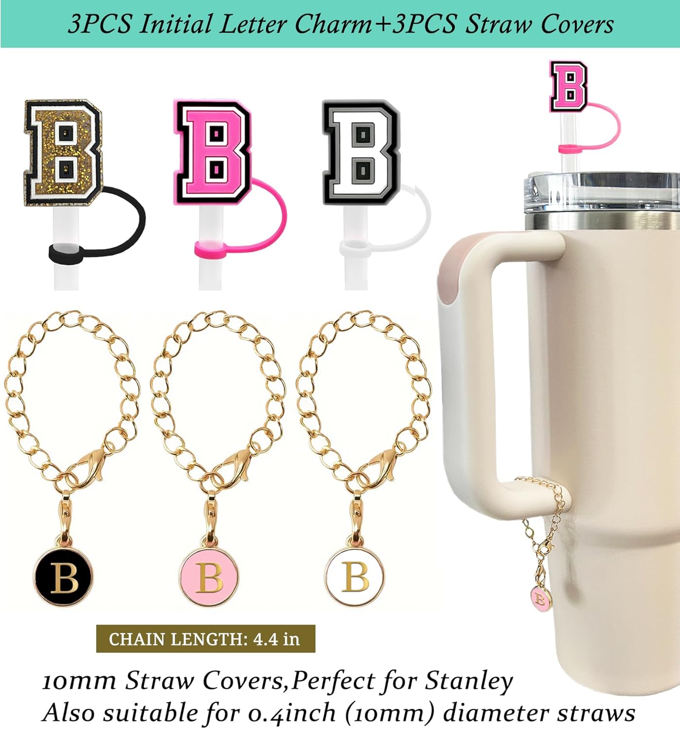 （3 +3) 3PCS Nuozme Straw Cover 10mm For Stanley Tumbler Cup Reusable Straw Cap Topper with 3 Initial Letter Charms Accessories Name ID Personalized Handle Charm For Stanley 30&40 Oz Cup Tumbler - Colors A