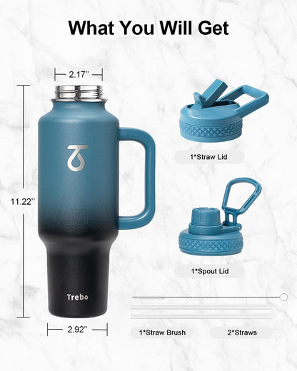 Trebo 40 oz Water Bottle Insulated Fit Car Cup Holder with Handle, Stainless Steel Water Bottles Tumbler with Spout Straw Lids, Double Wall Travel Reusable Flask, Leakproof Mug,Keep Cold &Hot,Black